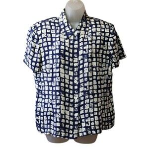 Maggy London Vintage Abstract Blue White Silk Blouse 14 Runs Small Short Sleeve